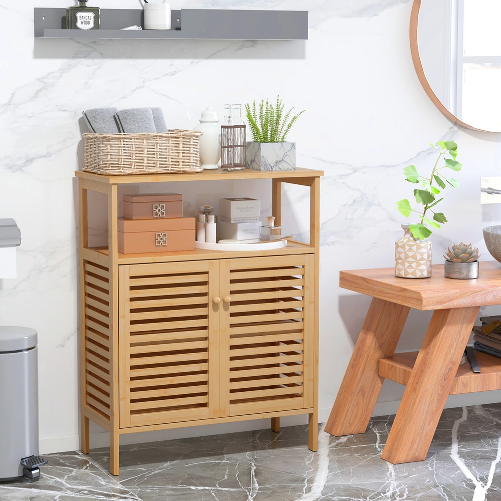 Modern Bamboo Bathroom Cabinet,Shutter Door Storage Organizer,Multi Functional Floor Shelf for Towels,Toiletries & decor