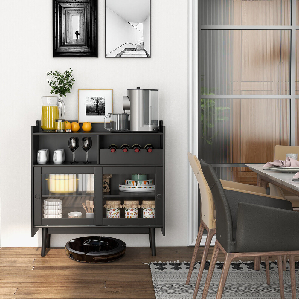Modern Buffet Sideboard with Wine Storage, Black Kitchen Cabinet, Multi Functional Storage for Appliances, Dinnerware