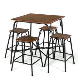 5 piece bar table set with 4 counter height stools, rustic brown pub dining set, space saving design for kitchen