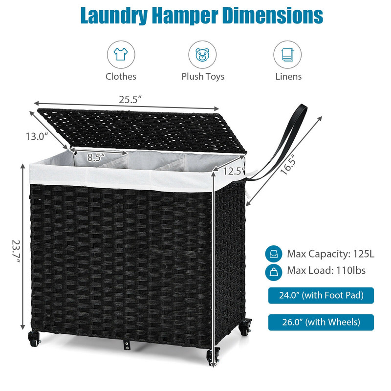Large 125L Laundry Hamper with Wheels and Lid, Portable Rolling Storage Basket with Removable Bags