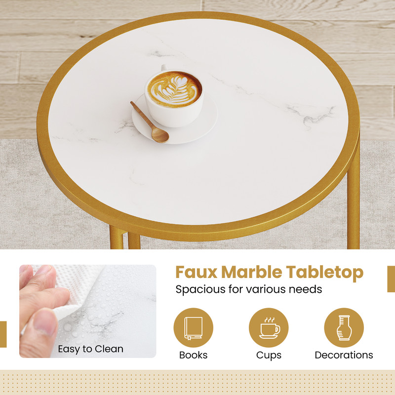 Round Nesting Table Set of 2 with Marble-Like Tabletop – Space-Saving Living Room Side Tables