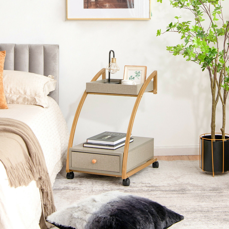 Modern 2-Tier Rolling End Table with Tray Top & Pull-Out Drawer – Space-Saving Mobile Side Table