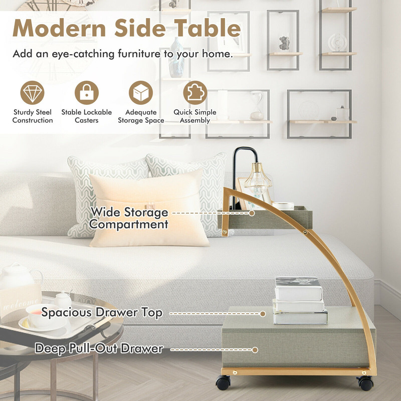 Modern 2-Tier Rolling End Table with Tray Top & Pull-Out Drawer – Space-Saving Mobile Side Table