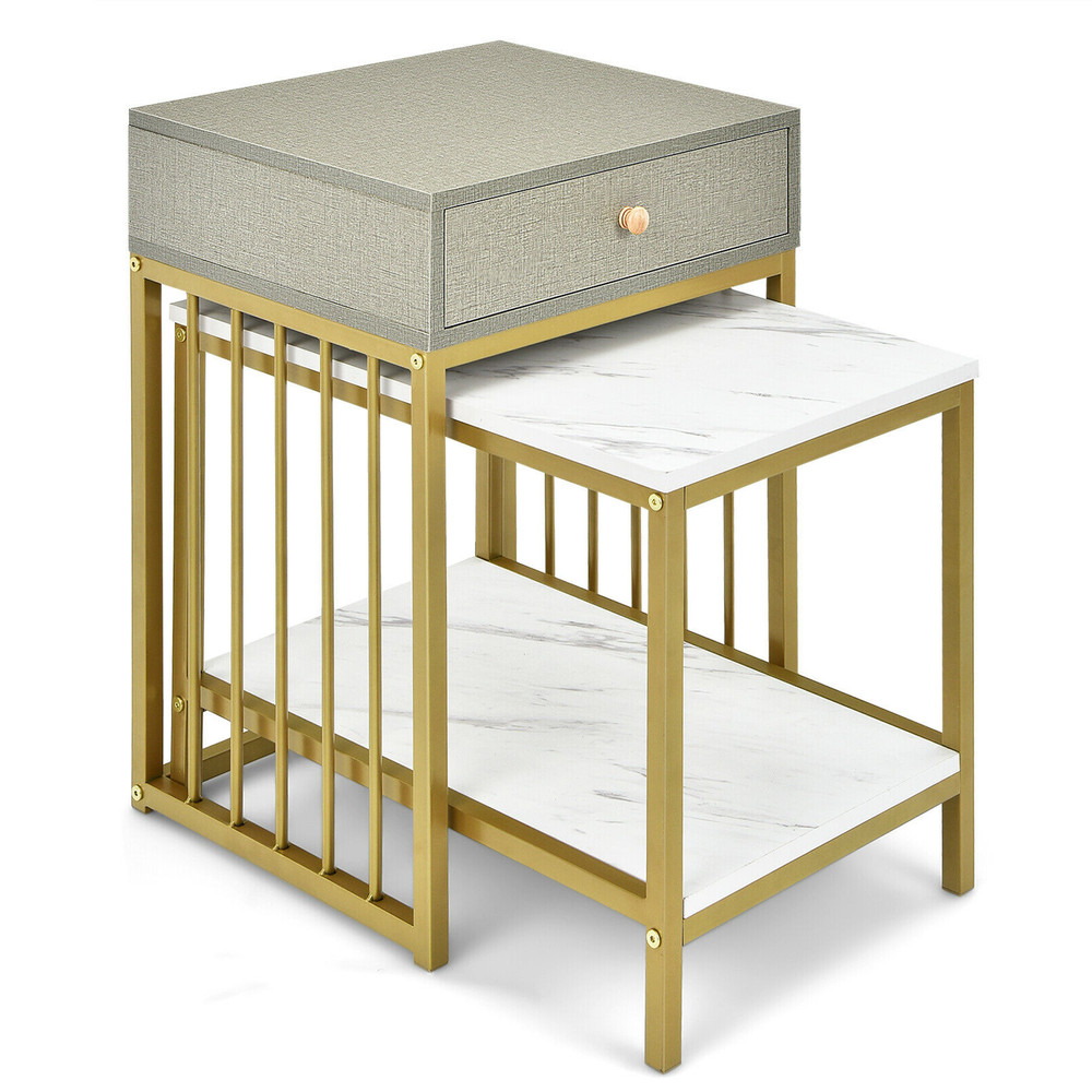 2-Piece Modern Nesting Coffee Table Set with Drawer & Shelf – Space-Saving Accent Tables for Small Spaces