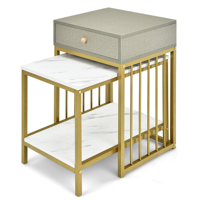 2-Piece Modern Nesting Coffee Table Set with Drawer & Shelf – Space-Saving Accent Tables for Small Spaces