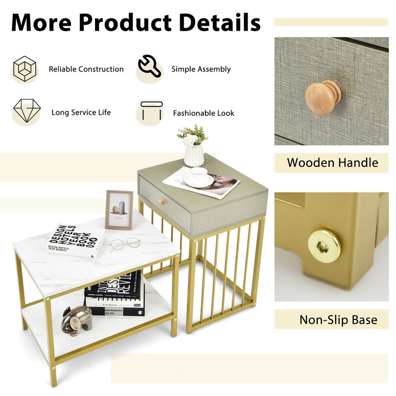 2-Piece Modern Nesting Coffee Table Set with Drawer & Shelf – Space-Saving Accent Tables for Small Spaces