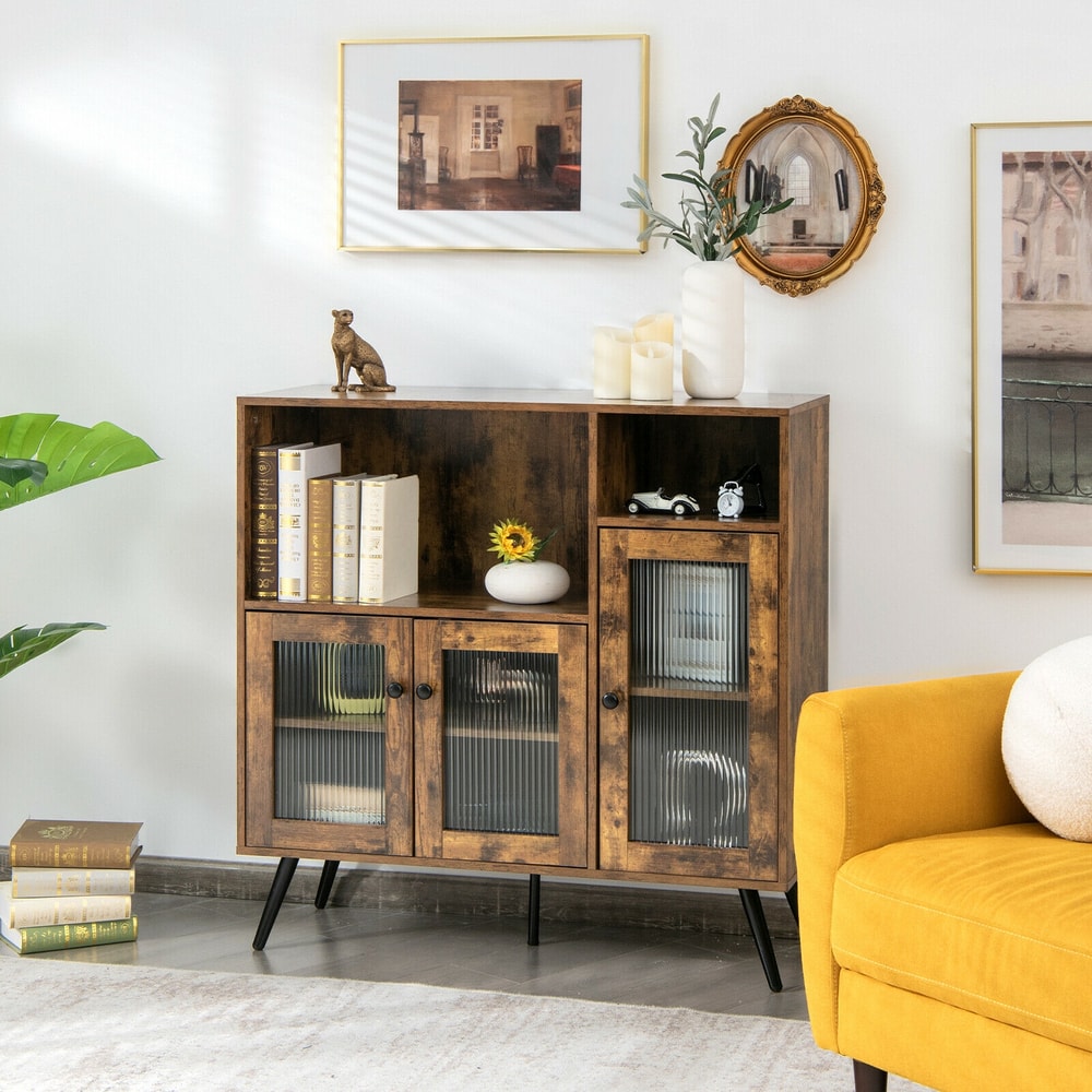Modern Buffet Sideboard with Tempered Glass,Adjustable Shelves,Industrial Storage Cabinet for Kitchen,Office &Entry away