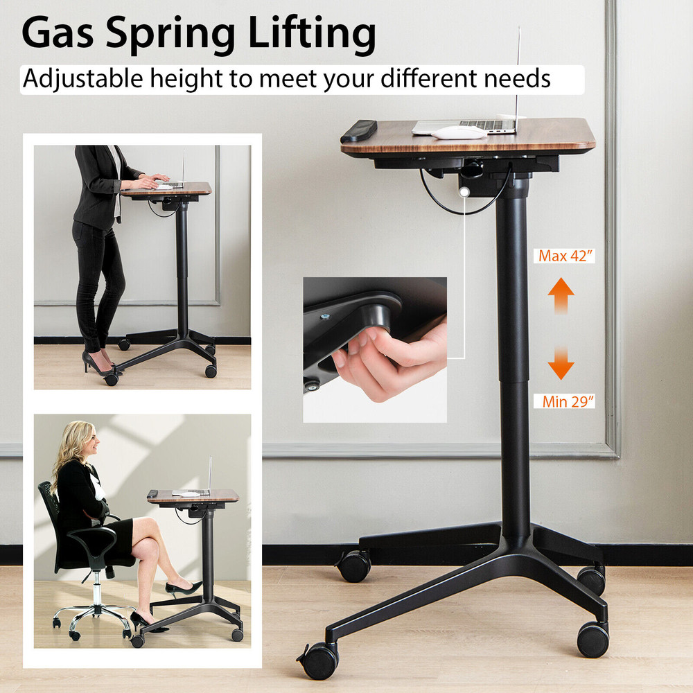 Adjustable Standing Desk with Wheels Gas Spring Lift,30 Tilt Desktop,Cast Aluminum Frame Ideal for Work,Study &Ergonomic