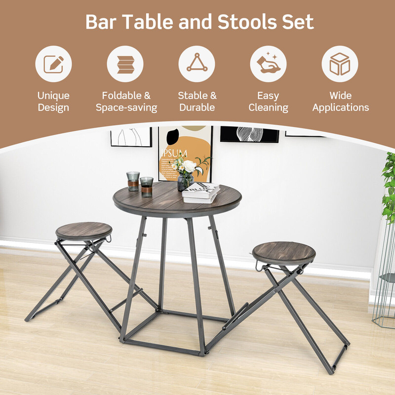 Foldable Dining Table Set, 2 Stools Attached, Compact Design for Small Spaces, 110 lbs Capacity Table & 330 lbs Stools