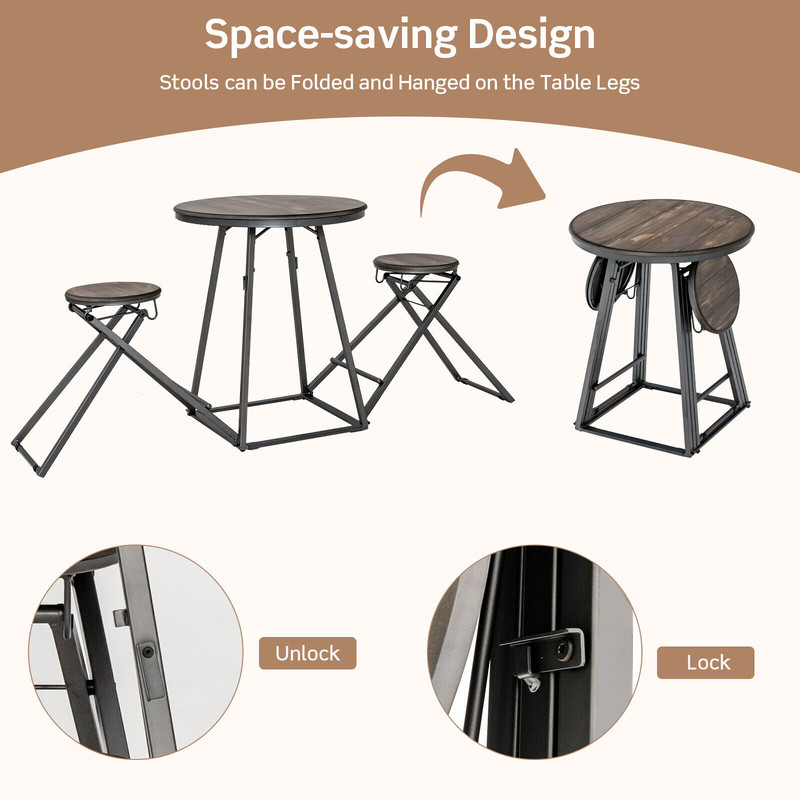 Foldable Dining Table Set, 2 Stools Attached, Compact Design for Small Spaces, 110 lbs Capacity Table & 330 lbs Stools