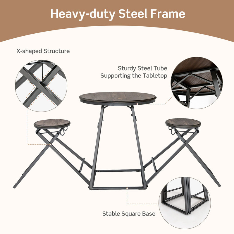 Foldable Dining Table Set, 2 Stools Attached, Compact Design for Small Spaces, 110 lbs Capacity Table & 330 lbs Stools