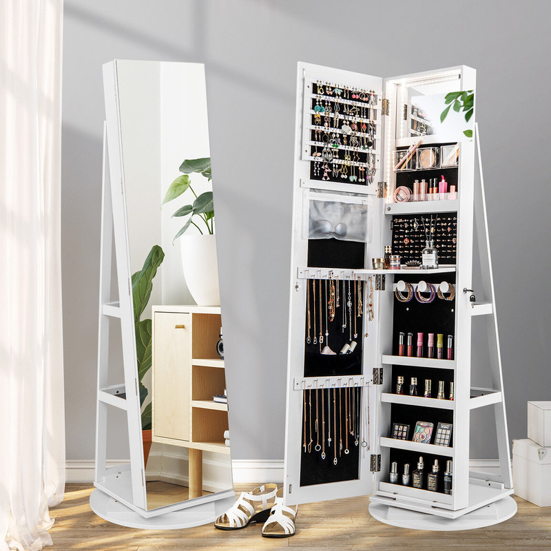 Lockable Rotating Jewelry Cabinet Armoire With FullLength Mirror Makeup Tray  LED Lighting In Color 1