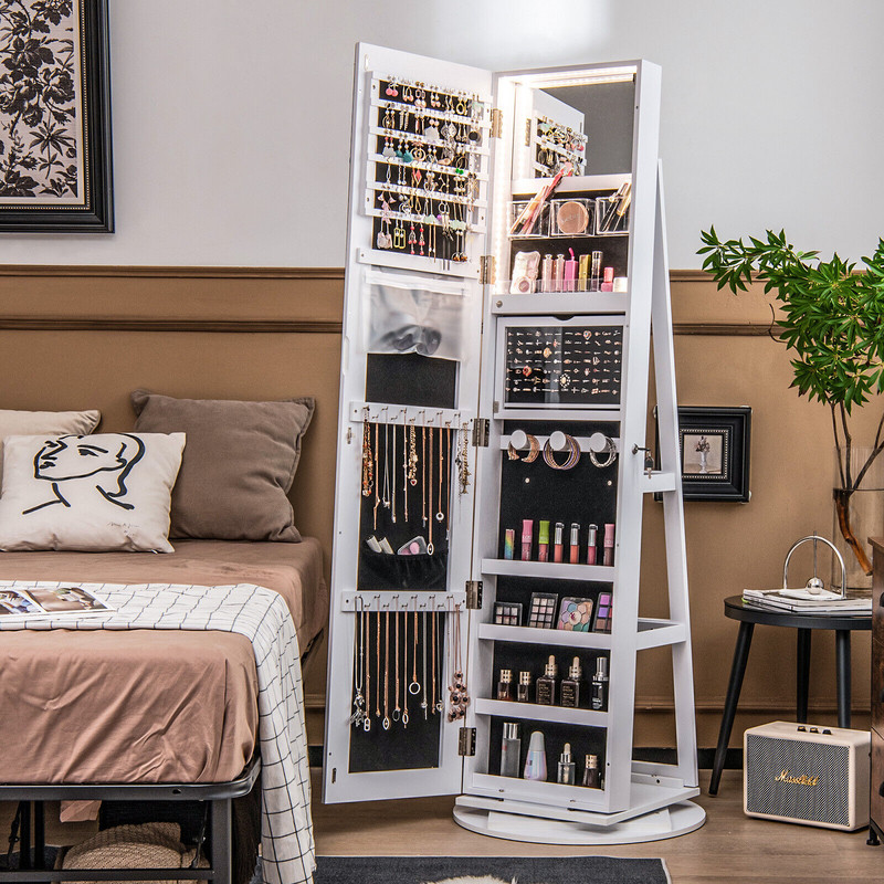 Lockable Rotating Jewelry Cabinet Armoire With FullLength Mirror Makeup Tray  LED Lighting In Color 2