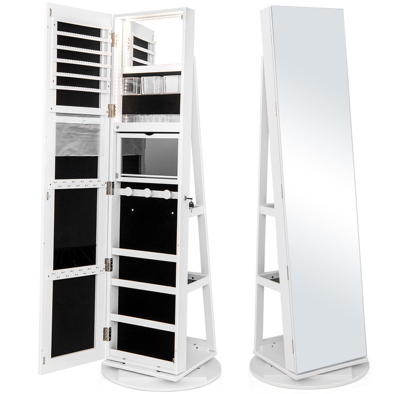 Lockable Rotating Jewelry Cabinet Armoire With FullLength Mirror Makeup Tray  LED Lighting In Color 0
