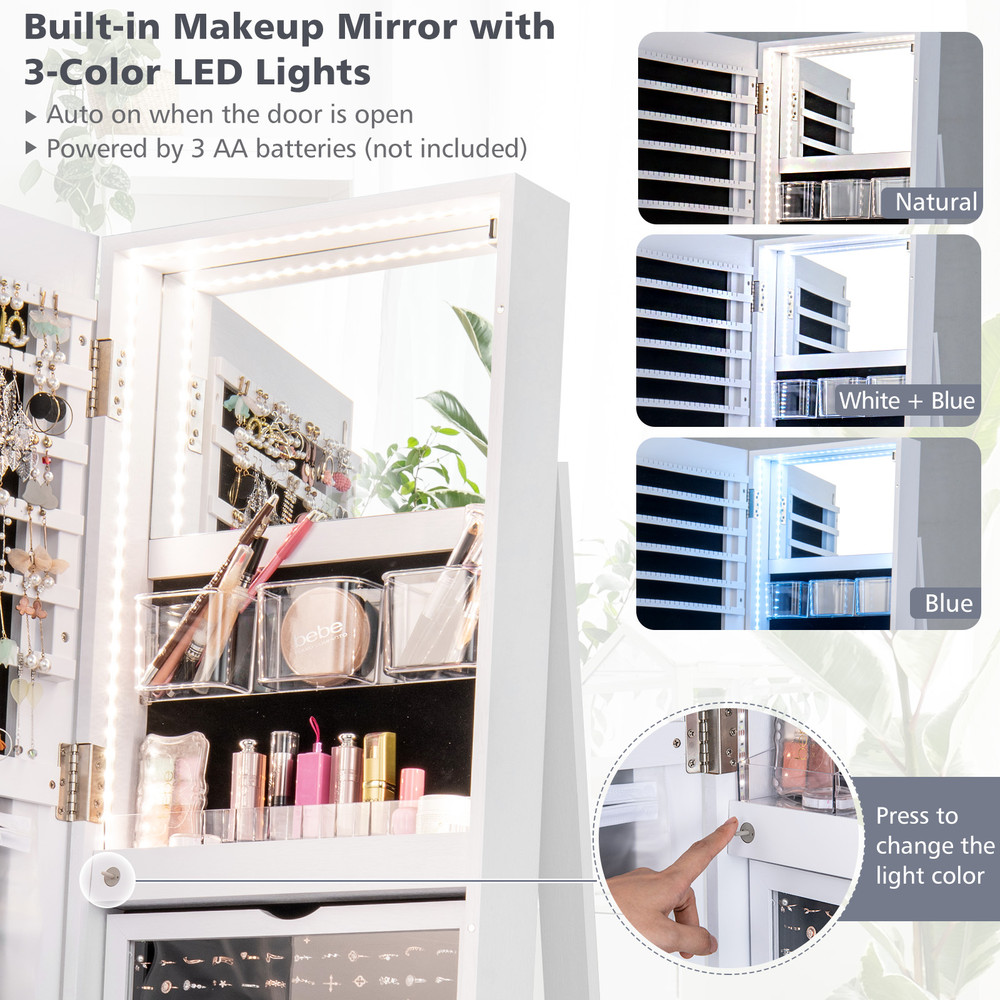Lockable Rotating Jewelry Cabinet Armoire With FullLength Mirror Makeup Tray  LED Lighting In Color 5