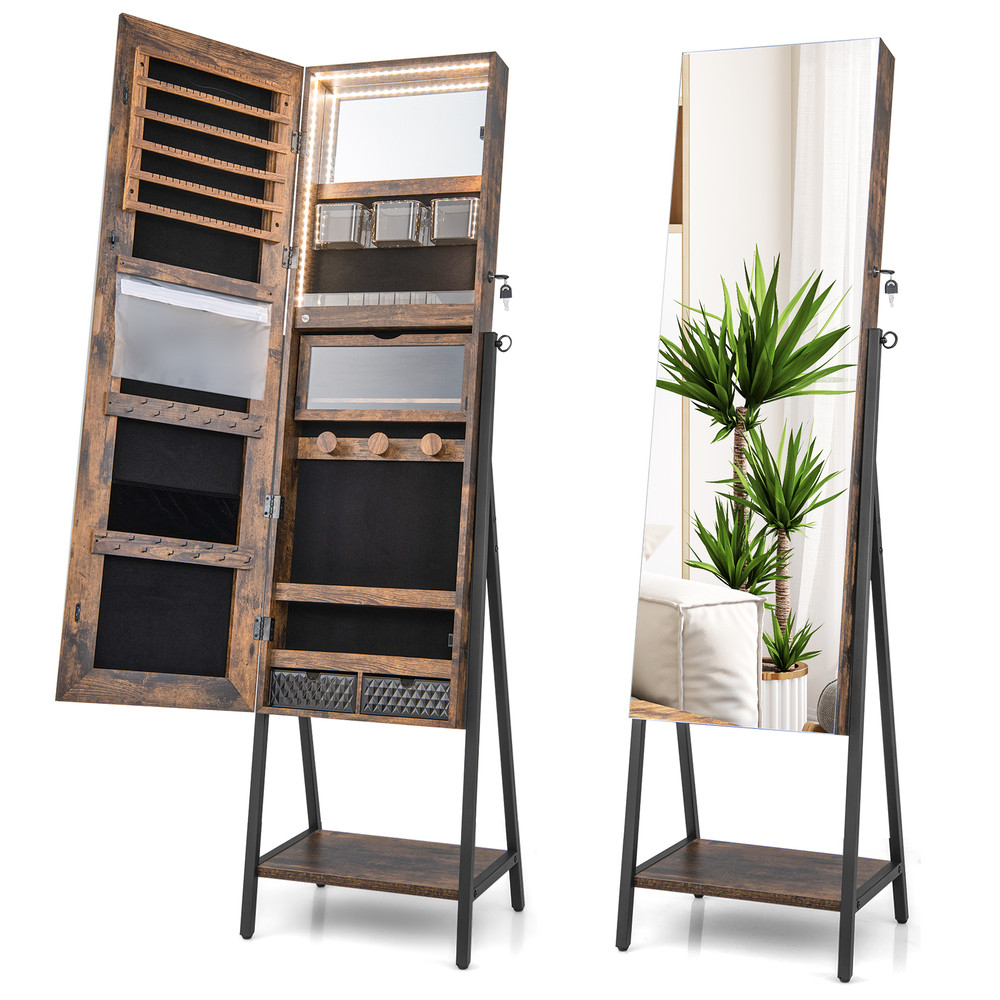 Lockable Freestanding Jewelry Cabinet Armoire With FullLength Mirror LED Lighting Makeup Mirror  St 0