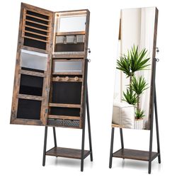 lockable freestanding jewelry cabinet armoire with full-length mirror, led lighting, makeup mirror & storage shelf