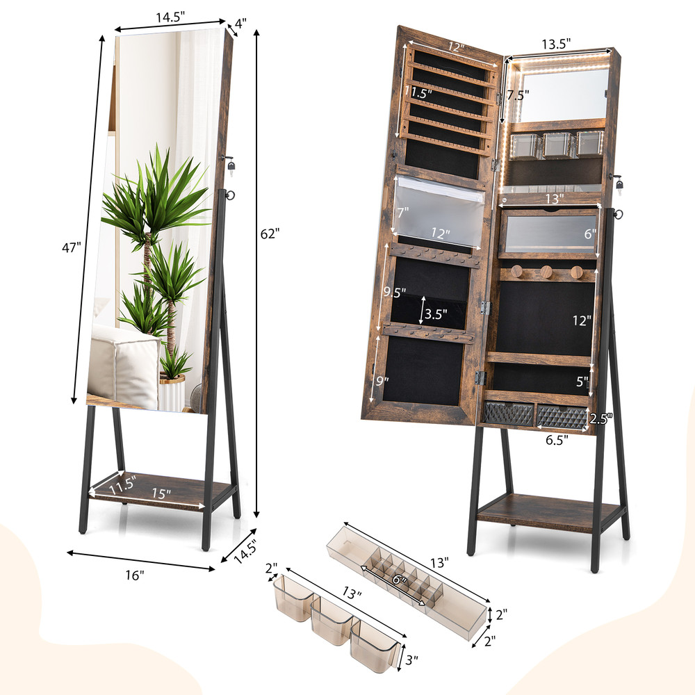 Lockable Freestanding Jewelry Cabinet Armoire With FullLength Mirror LED Lighting Makeup Mirror  St 6