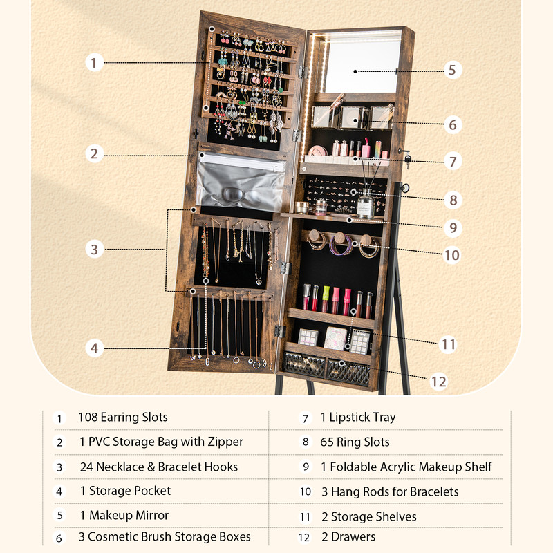 Lockable Freestanding Jewelry Cabinet Armoire With FullLength Mirror LED Lighting Makeup Mirror  St 4