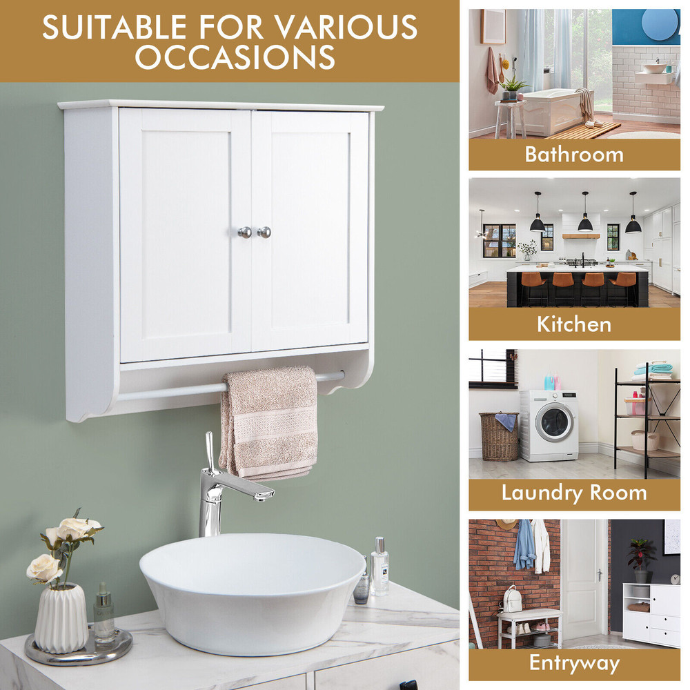 Wall Mounted Bathroom Storage Medicine Cabinet With Towel Bar SpaceSaving White MDF Organizer With  2