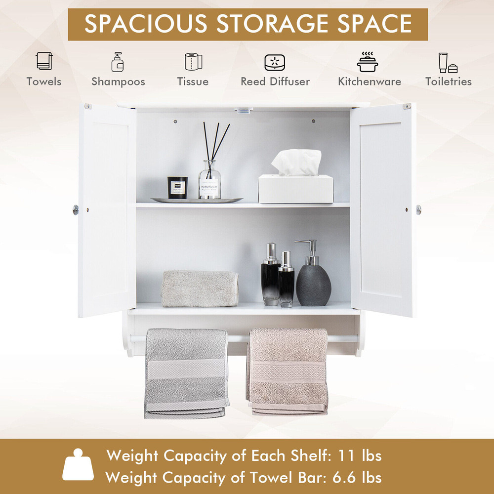 Wall Mounted Bathroom Storage Medicine Cabinet With Towel Bar SpaceSaving White MDF Organizer With  6