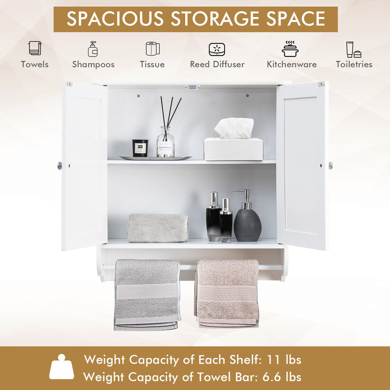 Wall Mounted Bathroom Storage Medicine Cabinet With Towel Bar SpaceSaving White MDF Organizer With  6