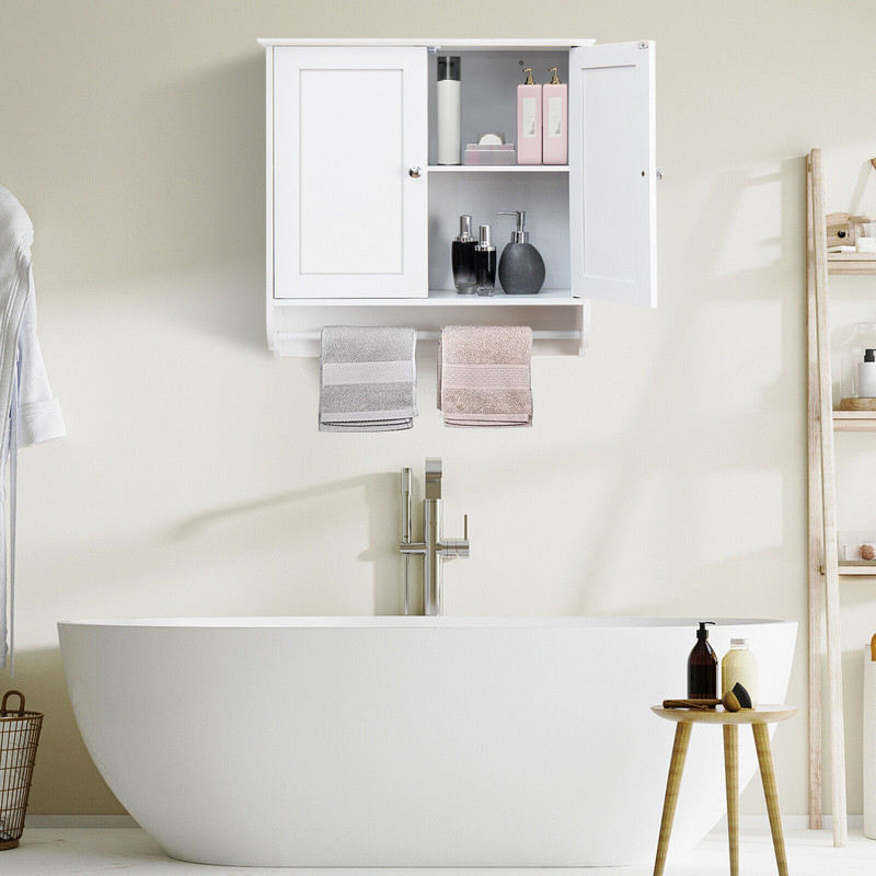 Wall Mounted Bathroom Storage Medicine Cabinet With Towel Bar SpaceSaving White MDF Organizer With  3