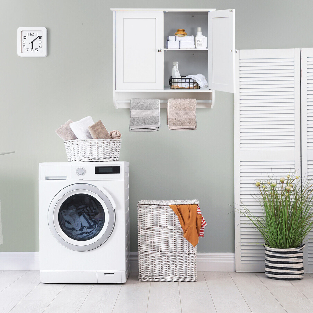 Wall Mounted Bathroom Storage Medicine Cabinet With Towel Bar SpaceSaving White MDF Organizer With  5