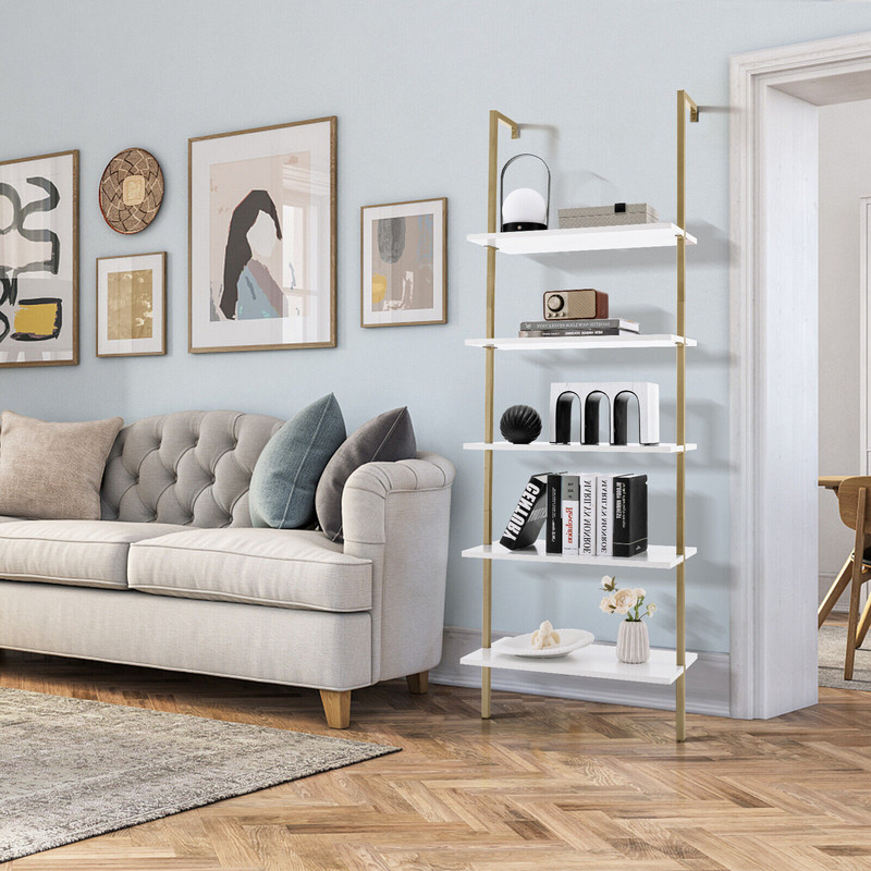Modern Ladder Shelf WallMounted Bookcase With Steel Frame White Gold Open Display Rack For Living 1
