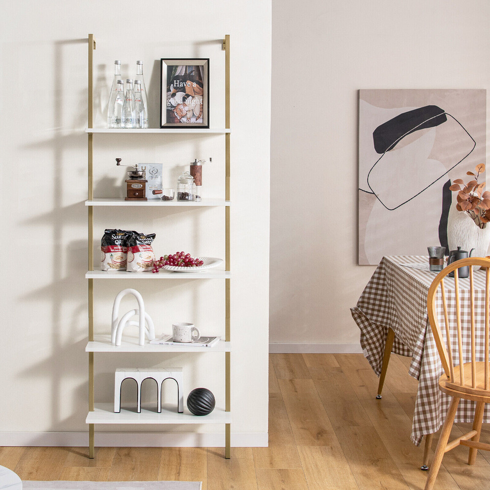 Modern Ladder Shelf WallMounted Bookcase With Steel Frame White Gold Open Display Rack For Living 2