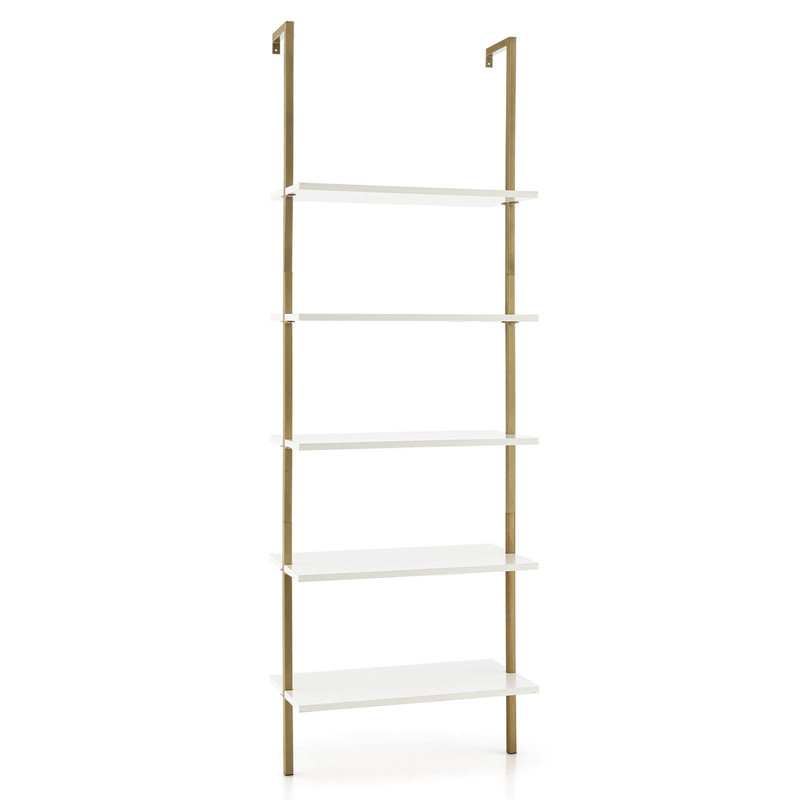 Modern Ladder Shelf WallMounted Bookcase With Steel Frame White Gold Open Display Rack For Living 0