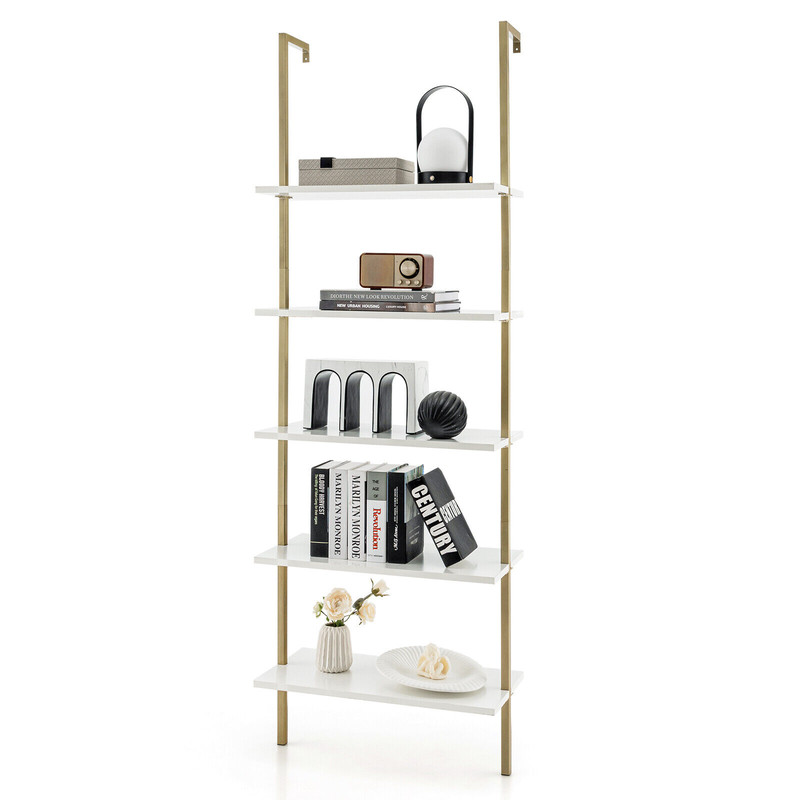 Modern Ladder Shelf WallMounted Bookcase With Steel Frame White Gold Open Display Rack For Living 7