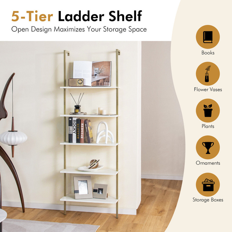 Modern Ladder Shelf WallMounted Bookcase With Steel Frame White Gold Open Display Rack For Living 3