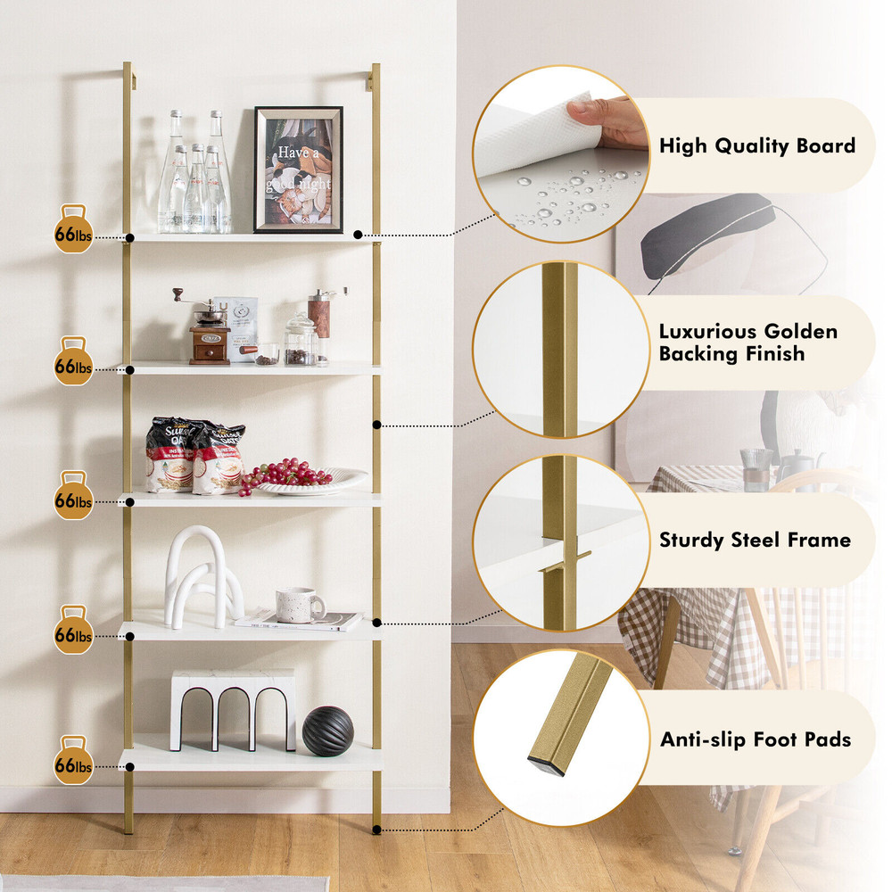Modern Ladder Shelf WallMounted Bookcase With Steel Frame White Gold Open Display Rack For Living 4