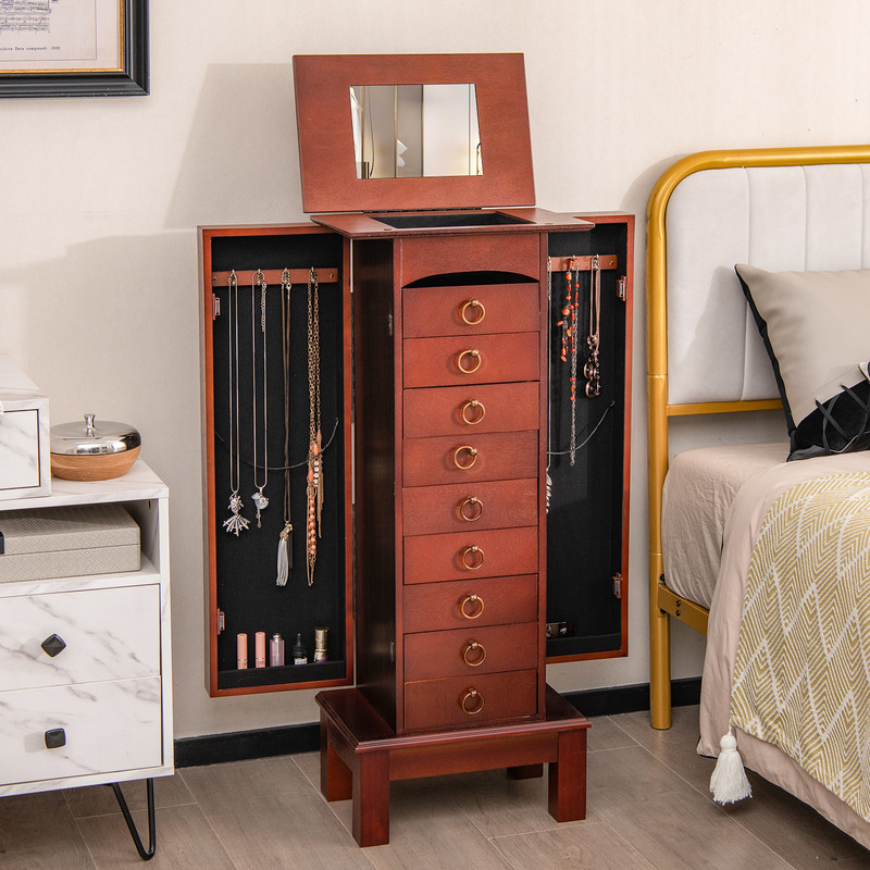 Vintage Wooden Large Capacity Jewelry Storage Cabinet With Drawers FlipTop Vanity Mirror  Side Neck 2