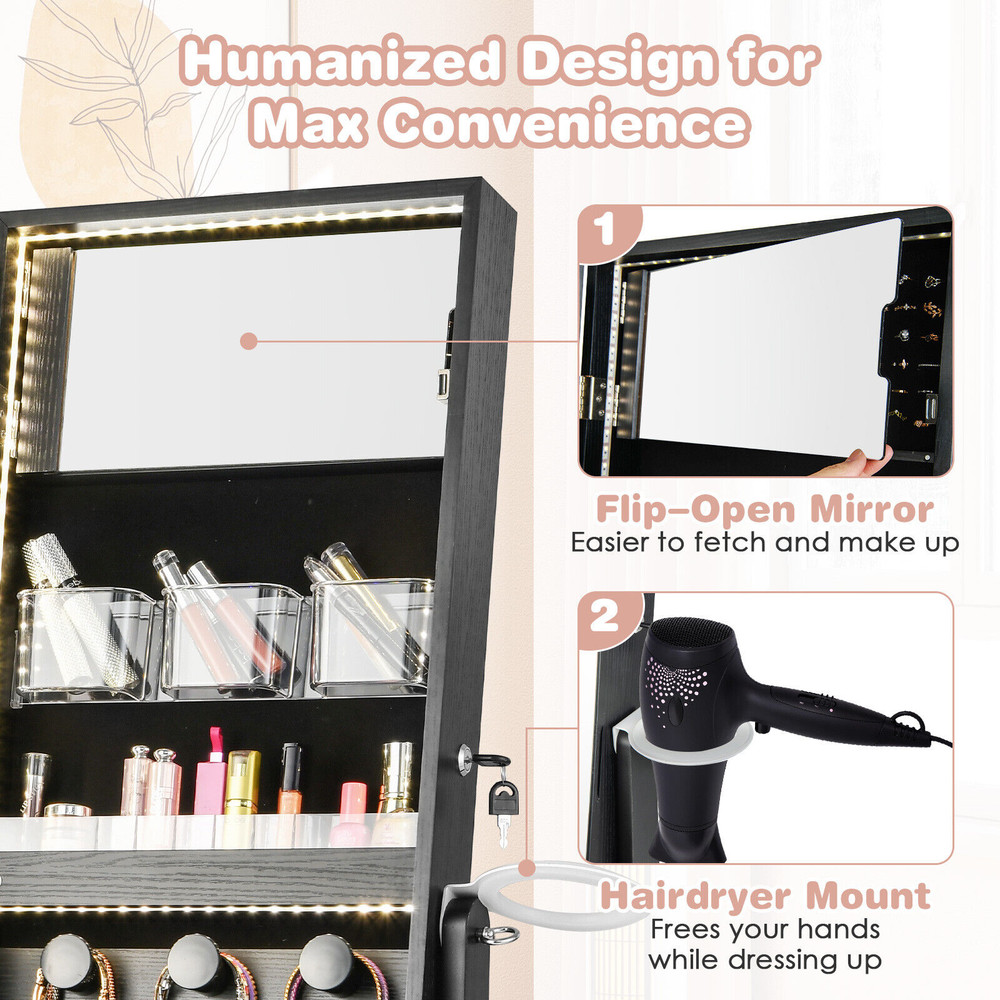 Freestanding Jewelry Cabinet With FullLength HD Mirror Large Storage Organizer With LED Lights 2