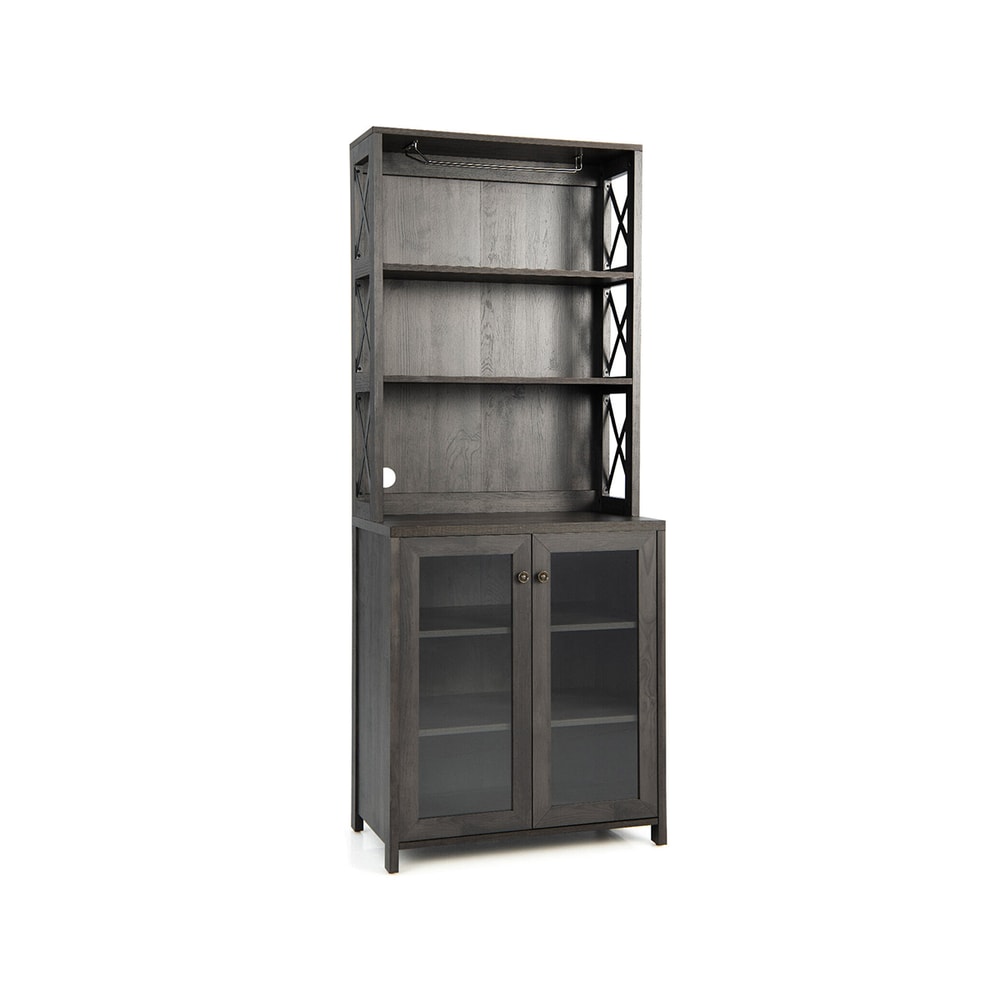 Industrial Farmhouse Buffet Hutch Tall Freestanding Cabinet With Wine Glass Rack Adjustable Shelve 6