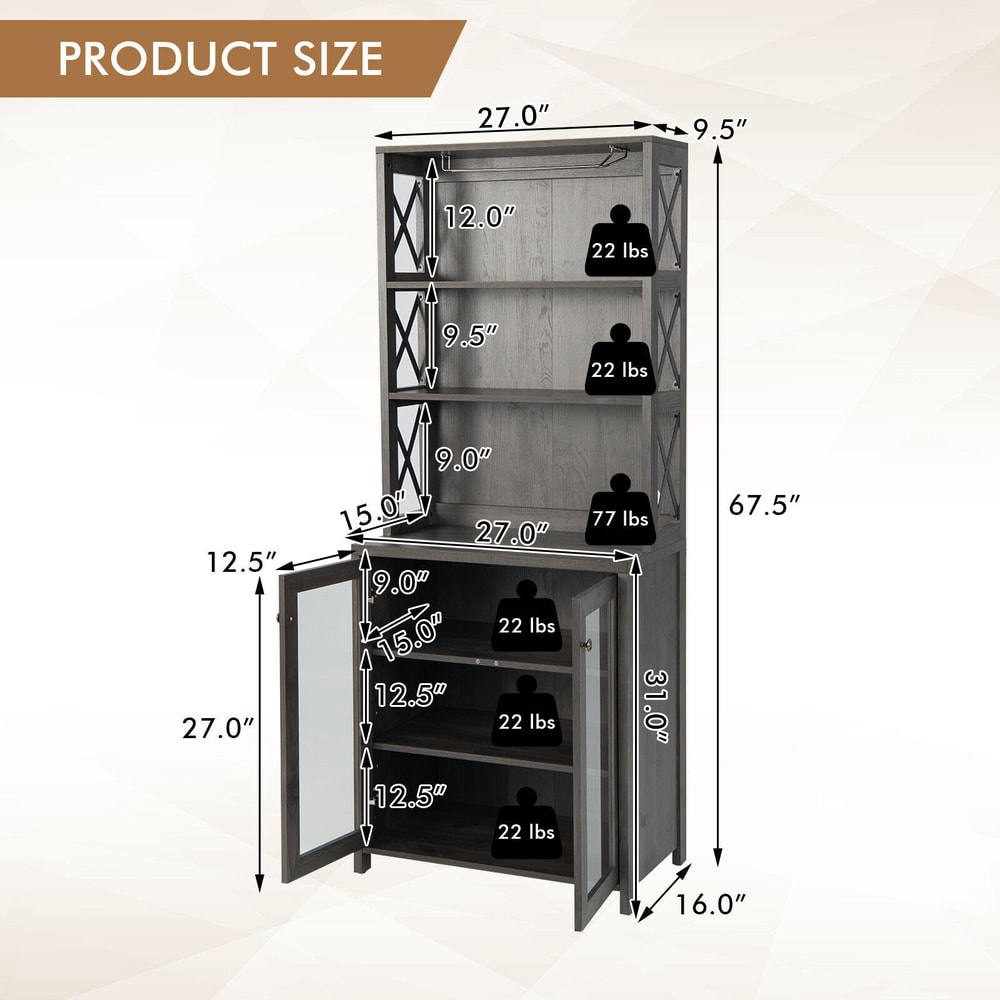 Industrial Farmhouse Buffet Hutch Tall Freestanding Cabinet With Wine Glass Rack Adjustable Shelve 5