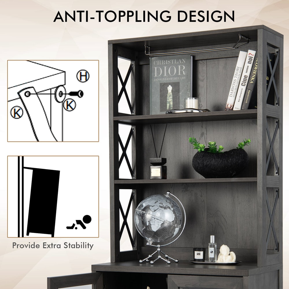 Industrial Farmhouse Buffet Hutch Tall Freestanding Cabinet With Wine Glass Rack Adjustable Shelve 4