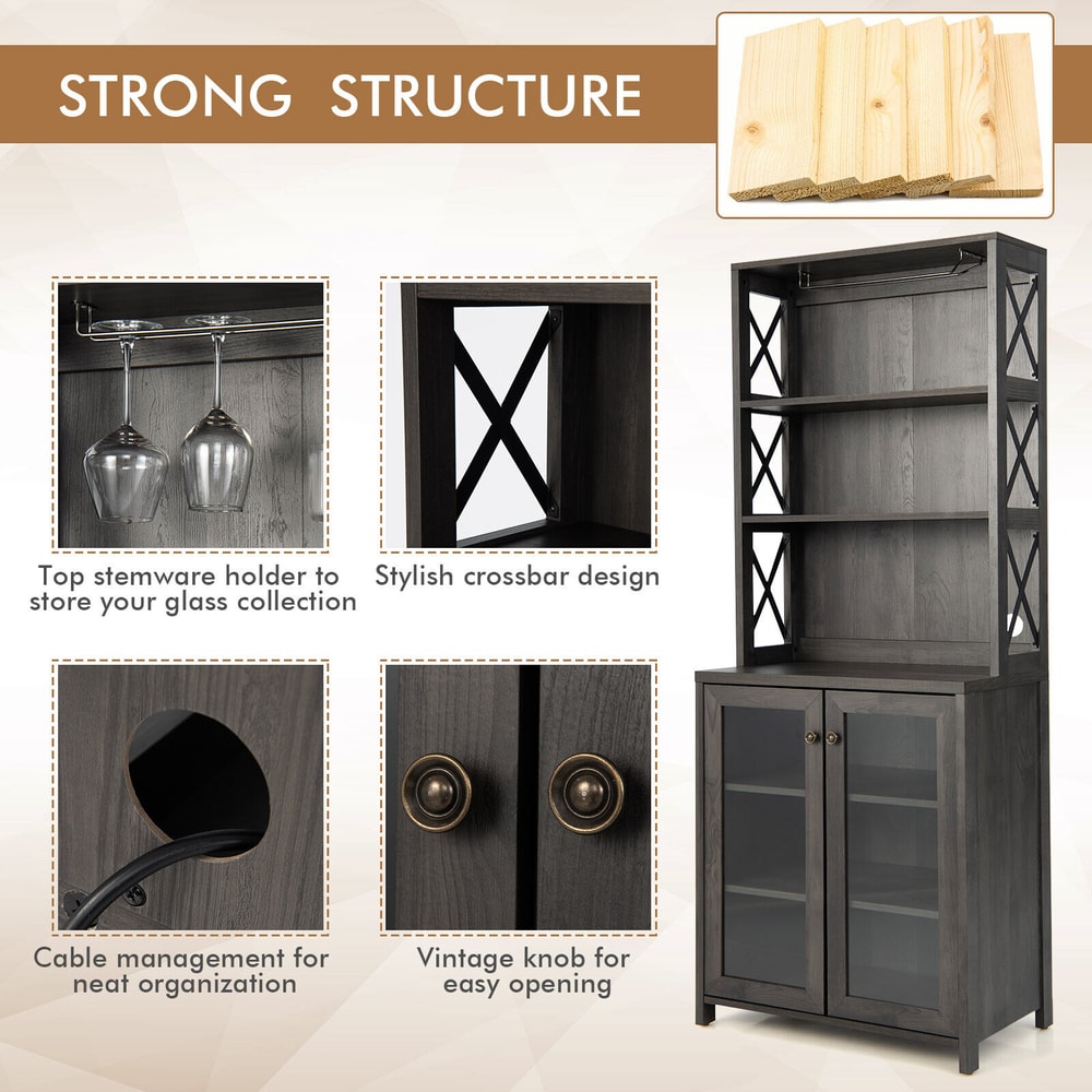 Industrial Farmhouse Buffet Hutch Tall Freestanding Cabinet With Wine Glass Rack Adjustable Shelve 3