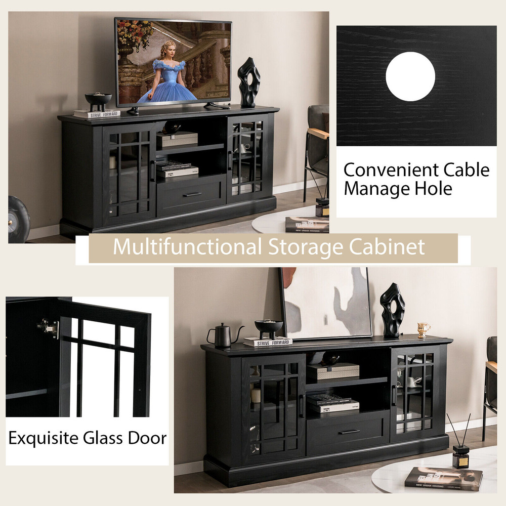 TV Stand For TVs Up To 70 With Glass Doors Cubbies  Drawer Modern Farmhouse Storage Cabinet 2