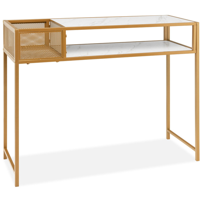 Stylish Faux Marble Console Table with Wire Basket for Entryway, Gold & White Modern Design