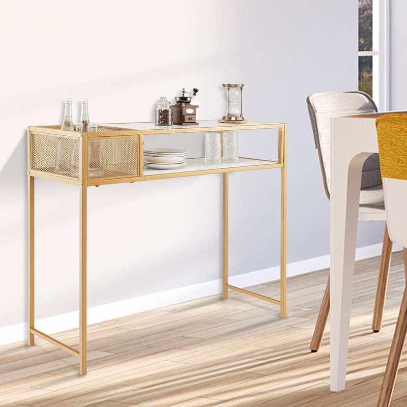 Stylish Faux Marble Console Table with Wire Basket for Entryway, Gold & White Modern Design