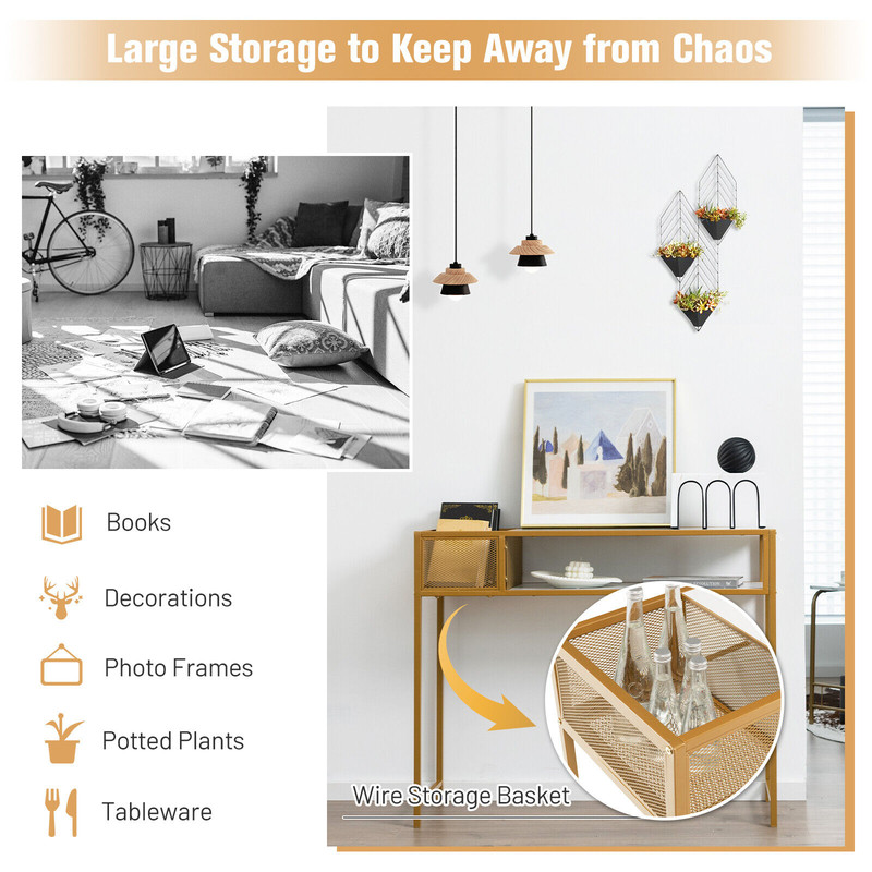 Stylish Faux Marble Console Table with Wire Basket for Entryway, Gold & White Modern Design