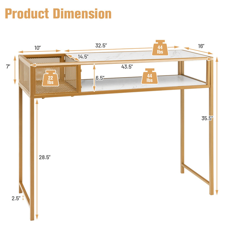 Stylish Faux Marble Console Table with Wire Basket for Entryway, Gold & White Modern Design
