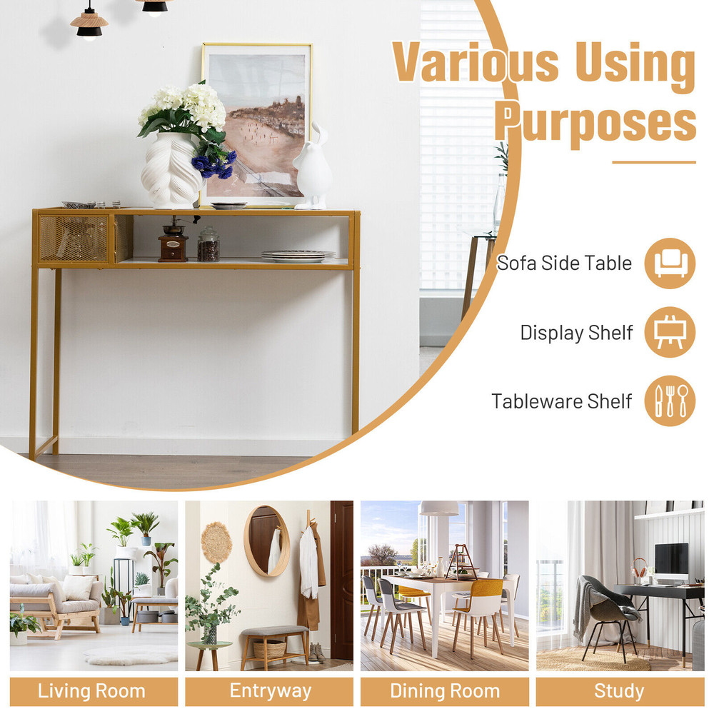Stylish Faux Marble Console Table with Wire Basket for Entryway, Gold & White Modern Design