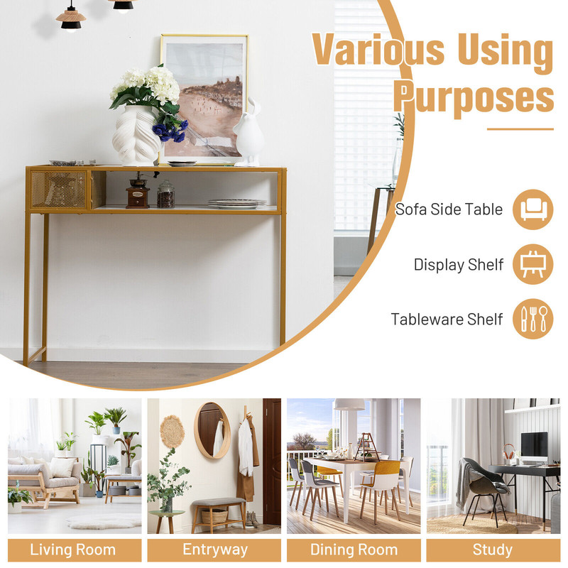 Stylish Faux Marble Console Table with Wire Basket for Entryway, Gold & White Modern Design
