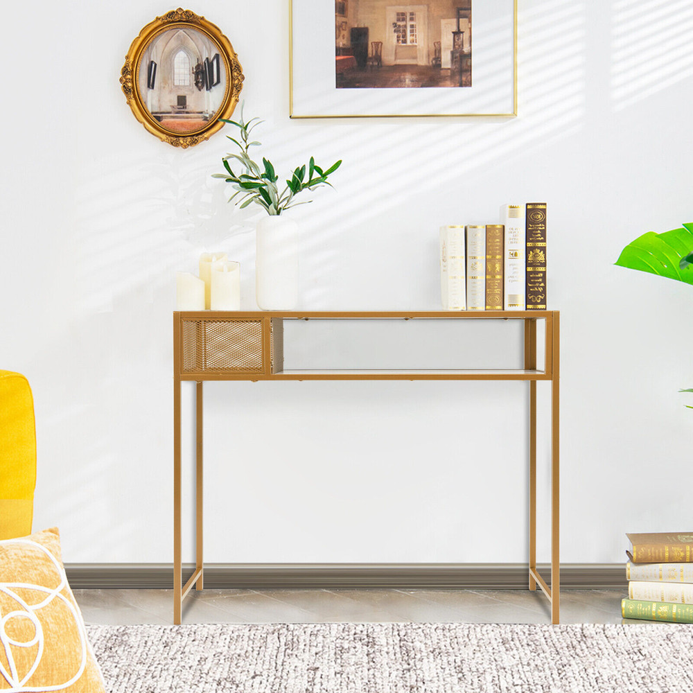 Stylish Faux Marble Console Table with Wire Basket for Entryway, Gold & White Modern Design