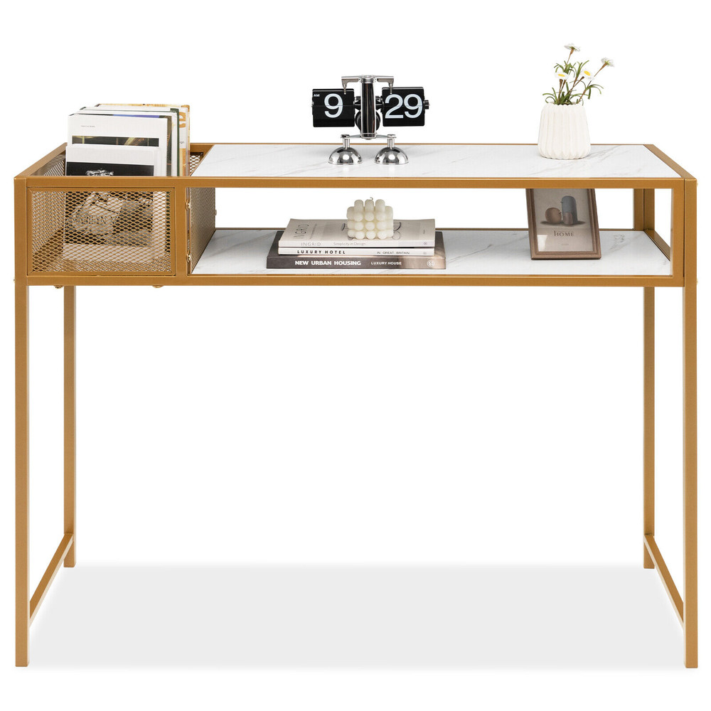 Stylish Faux Marble Console Table with Wire Basket for Entryway, Gold & White Modern Design