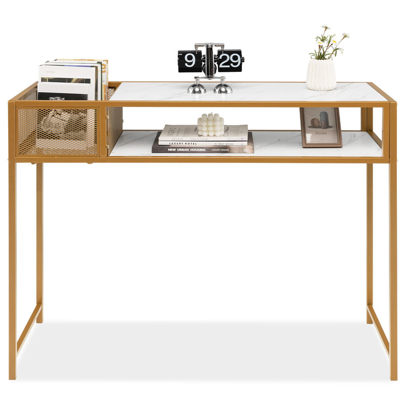 Stylish Faux Marble Console Table with Wire Basket for Entryway, Gold & White Modern Design
